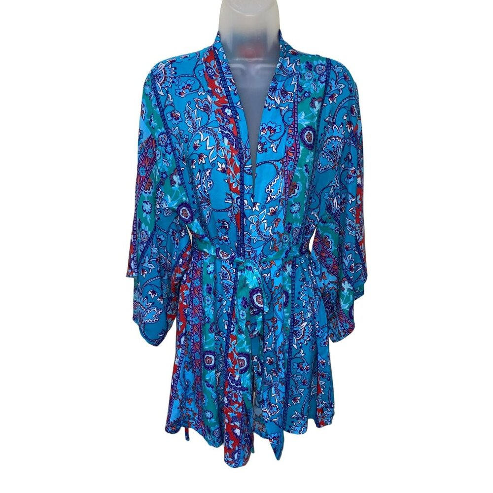 Josie Natori Kimono Robe Short Rayon Blue Attached Belt Size Small